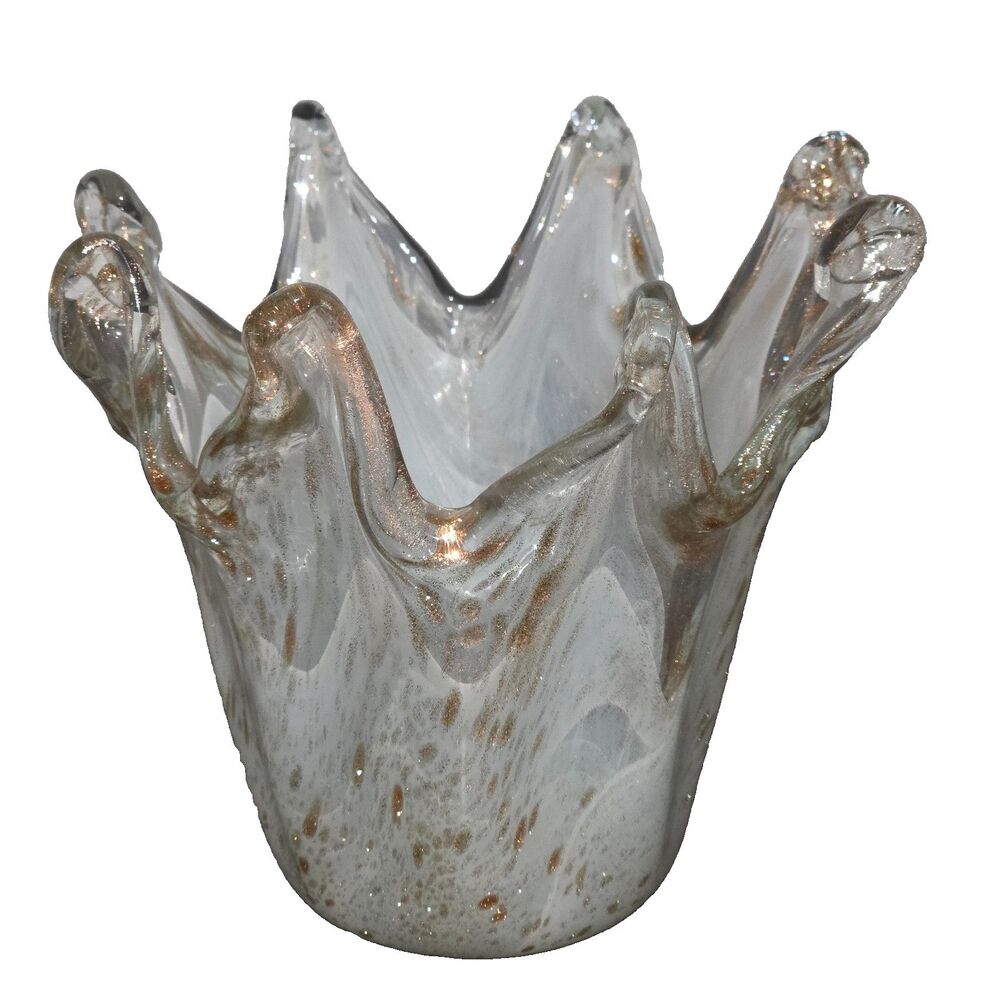 Vtg Murano Style White Clear Cased Glass Handkerchief Vase Gold Aventurine Frit